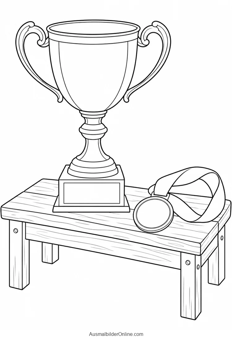 Ein Pokal mit zwei Henkeln und eine Medaille liegen auf einer Holzbank