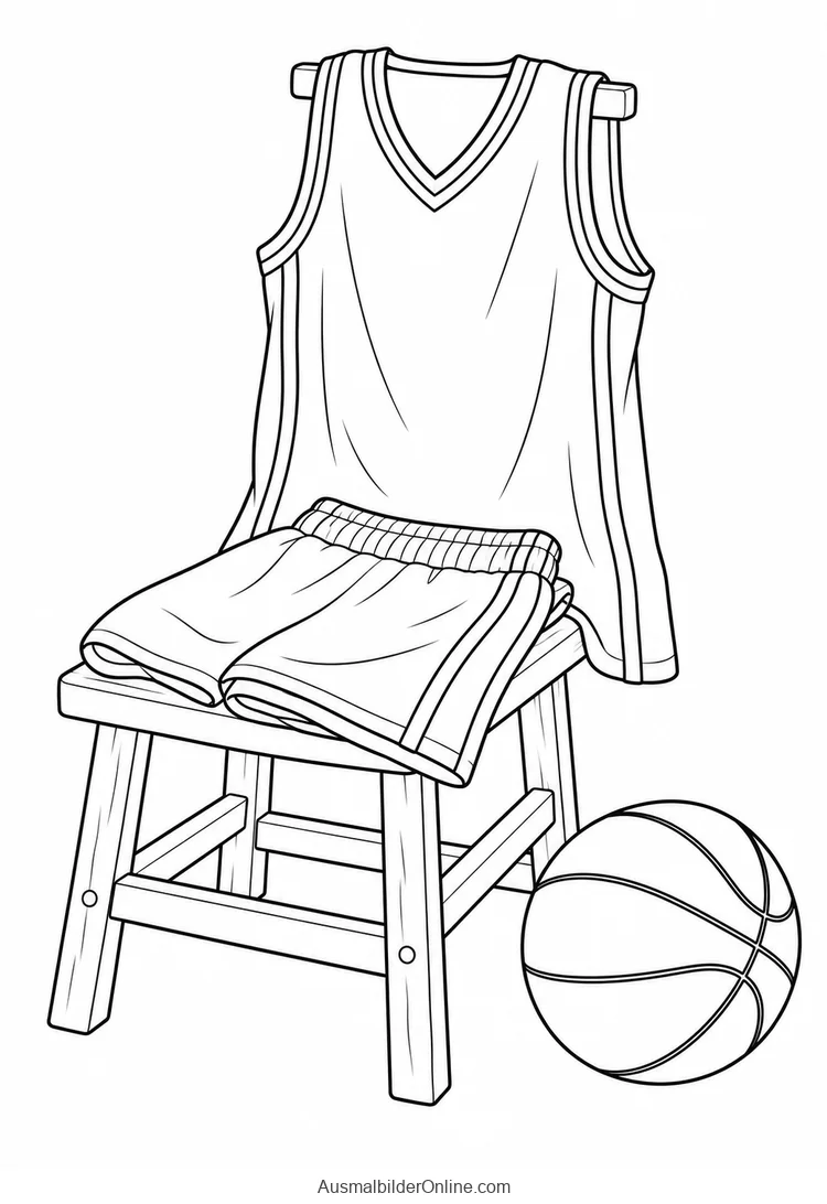 Ein Basketballtrikot und eine kurze Hose liegen auf einem Hocker neben einem Basketball