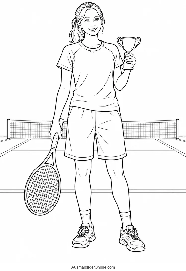 Eine Tennisspielerin hält auf dem Tennisplatz einen Schläger und einen Pokal