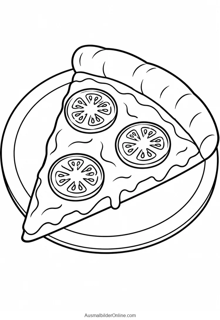 Ein großes Pizzastück mit drei Tomatenscheiben auf einem Teller