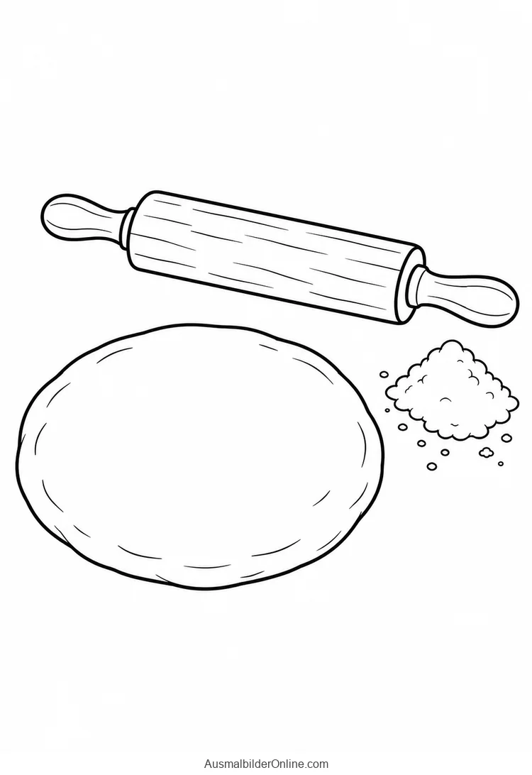 Ausgerollter Pizzateig mit Nudelholz und einem kleinen Mehlhäufchen