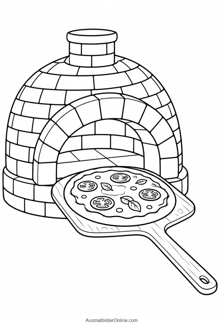 Pizza auf einem Holzschieber vor einem gemauerten Steinofen