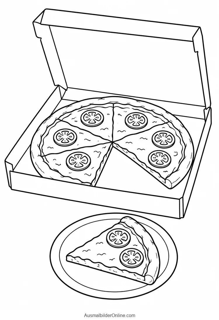 Offener Pizzakarton mit Pizza und einem einzelnen Stück auf einem Teller