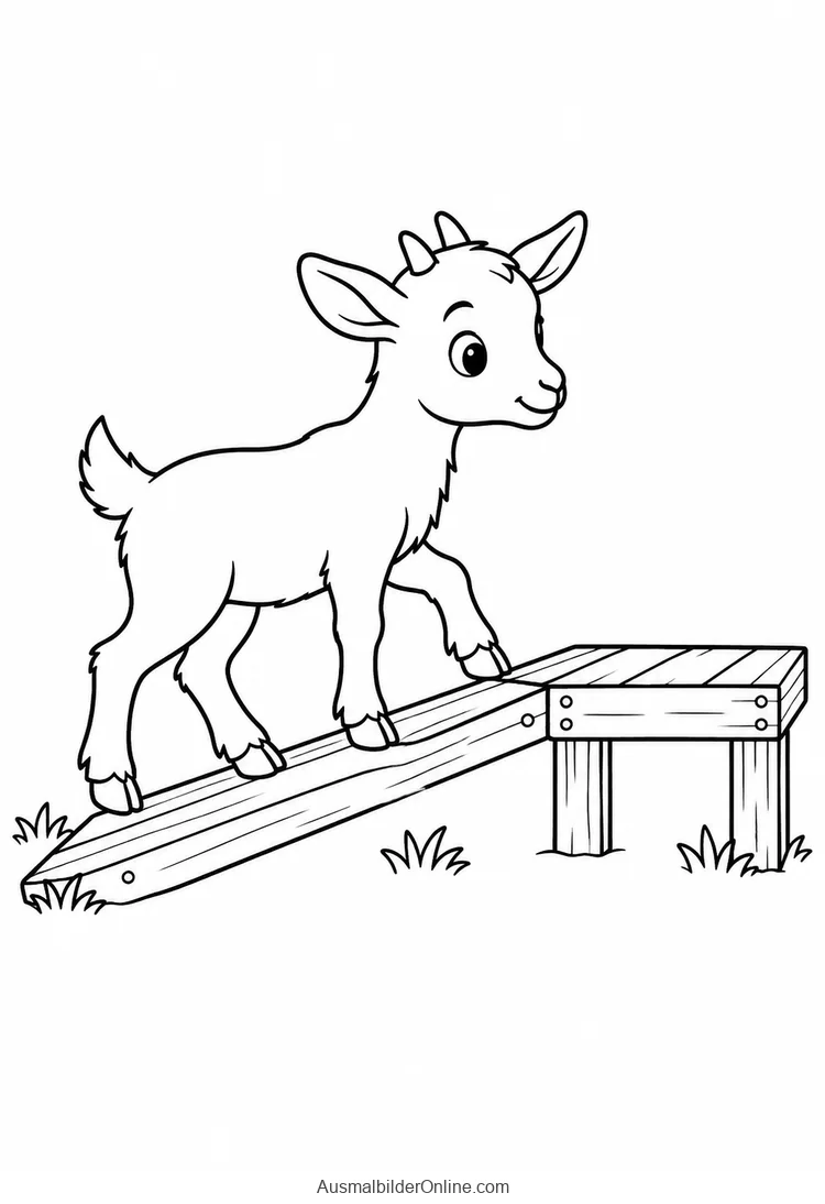 Zicklein geht mit einem angehobenen Vorderhuf über eine niedrige breite Holzrampe