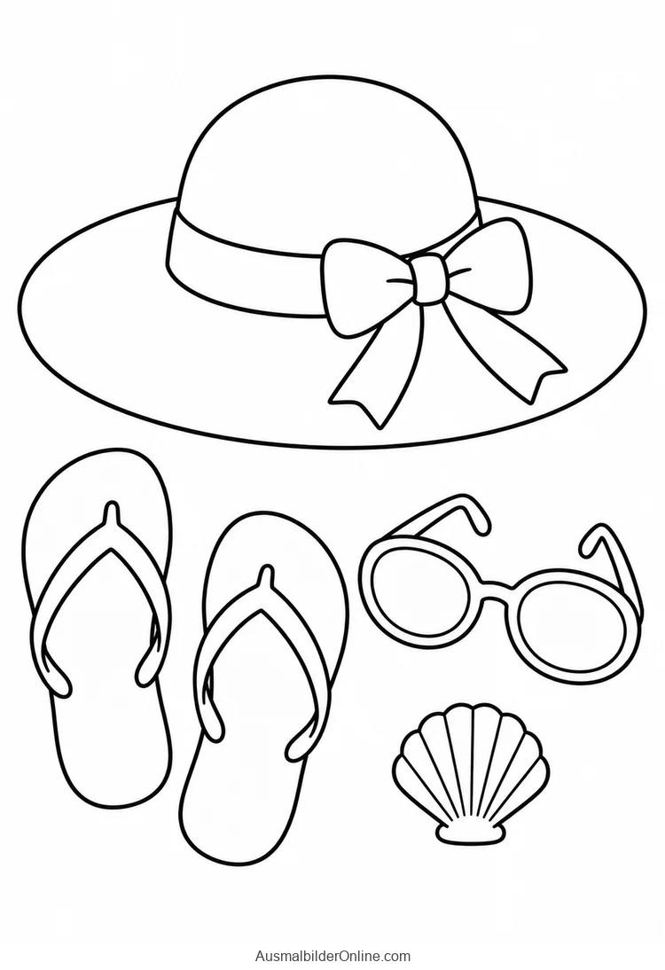 Sonnenhut mit Schleifenband neben zwei Flipflops, einer Sonnenbrille und einer Muschel