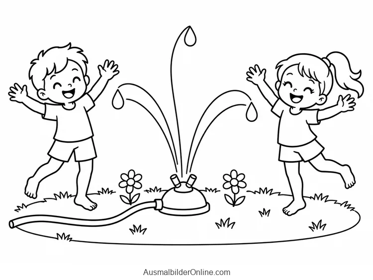 Zwei Kinder spielen barfuß neben einem Gartensprenger mit Schlauch und Wasserbögen