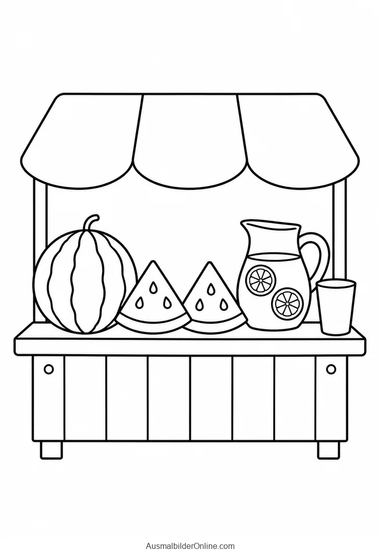Kleiner Sommerstand mit Wassermelone, zwei Melonenstücken, Saftkanne und Becher