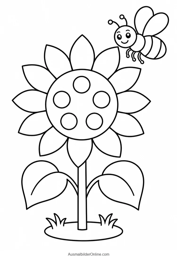 Große Sonnenblume mit zwei herzförmigen Blättern und einer kleinen Biene