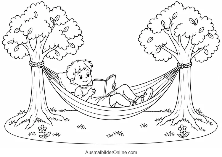 Kind liest ein Buch in einer Hängematte zwischen zwei belaubten Bäumen