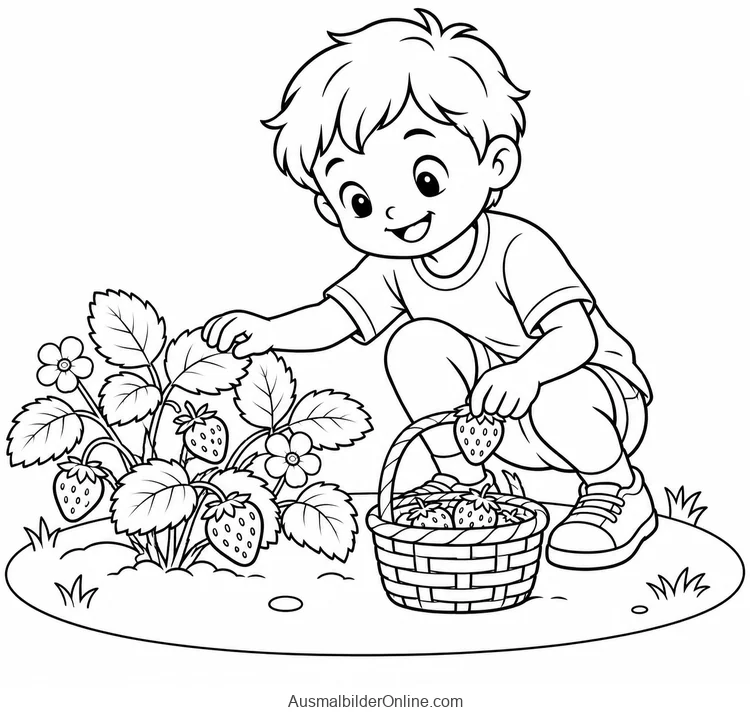 Kind sammelt Erdbeeren und hält eine Beere über einem kleinen Korb