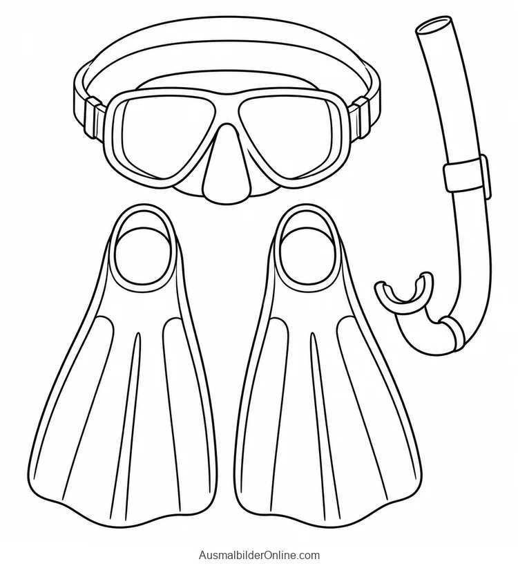 Taucherbrille mit zwei Gläsern und Schnorchel liegen neben zwei Schwimmflossen