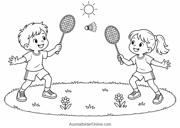 Zwei Kinder spielen Badminton mit zwei Schlägern und einem Federball