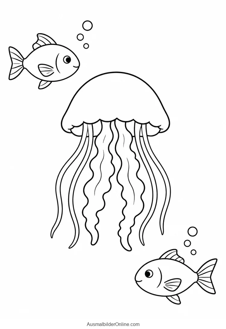 Qualle schwebt zwischen zwei kleinen Fischen auf gegenüberliegenden Seiten