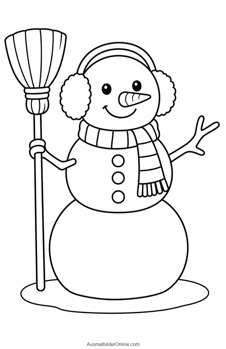Schneemann mit Ohrenschützern und gestreiftem Schal hält einen Besen