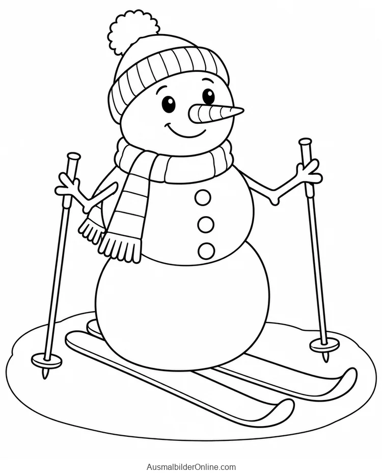 Schneemann steht auf zwei Skiern und hält zwei Skistöcke