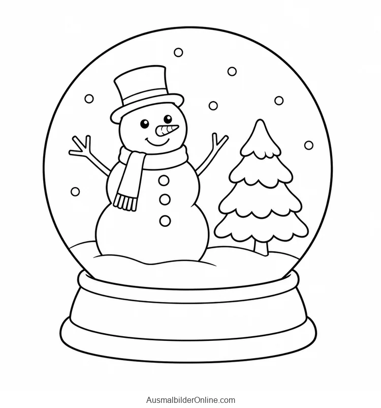 Schneekugel mit Schneemann, kleiner Tanne und runden Schneeflocken auf einem Sockel