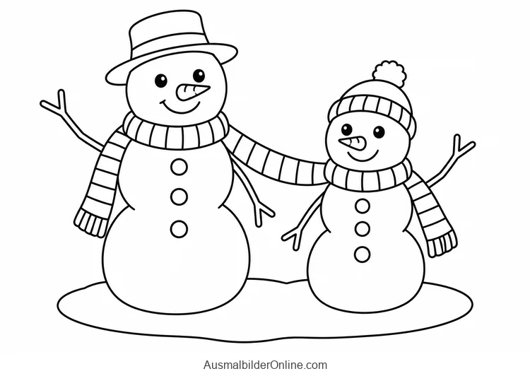 Ein großer und ein kleiner Schneemann teilen sich einen durchgehenden langen Schal