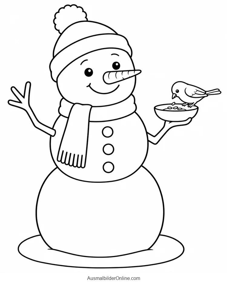 Schneemann hält eine Futterschale mit einem kleinen Vogel auf dem Rand