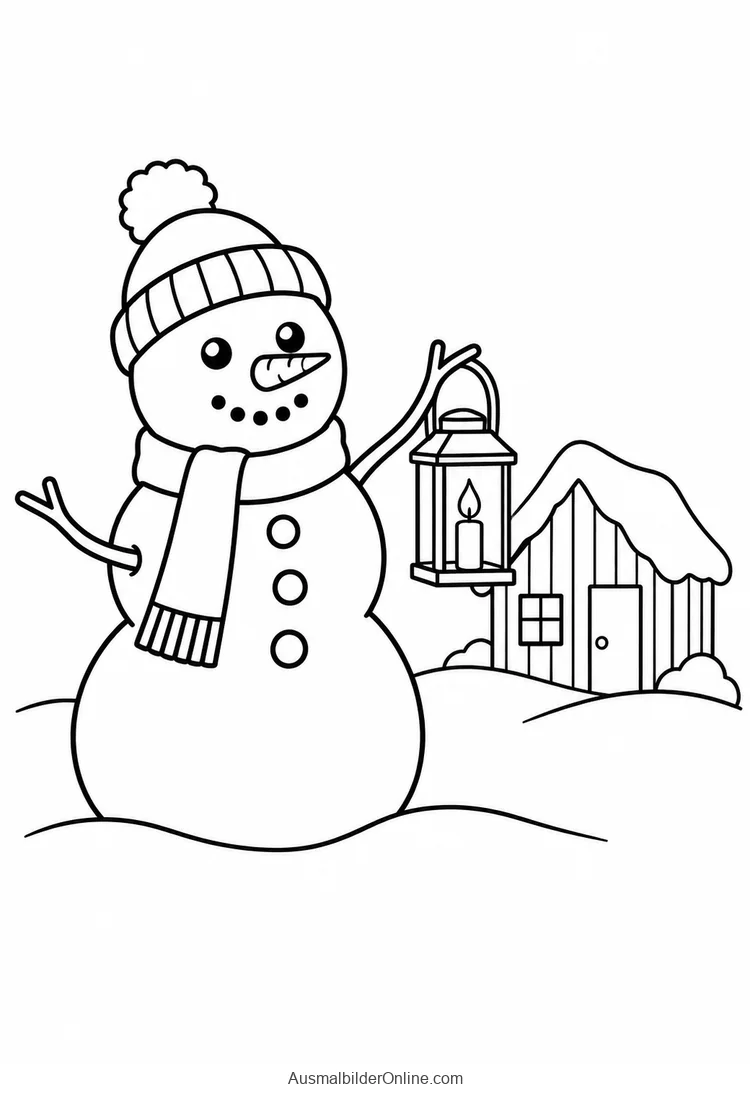 Schneemann hält eine Laterne mit Kerze vor einer kleinen verschneiten Hütte