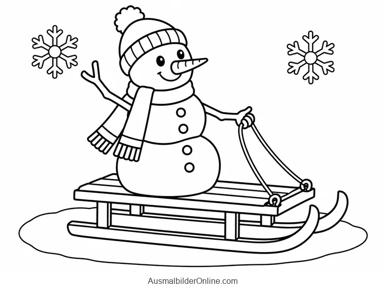 Schneemann sitzt auf einem breiten Holzschlitten und hält die Zugleine