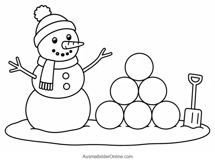 Schneemann steht neben sechs Schneebällen als Pyramide und einer Schaufel