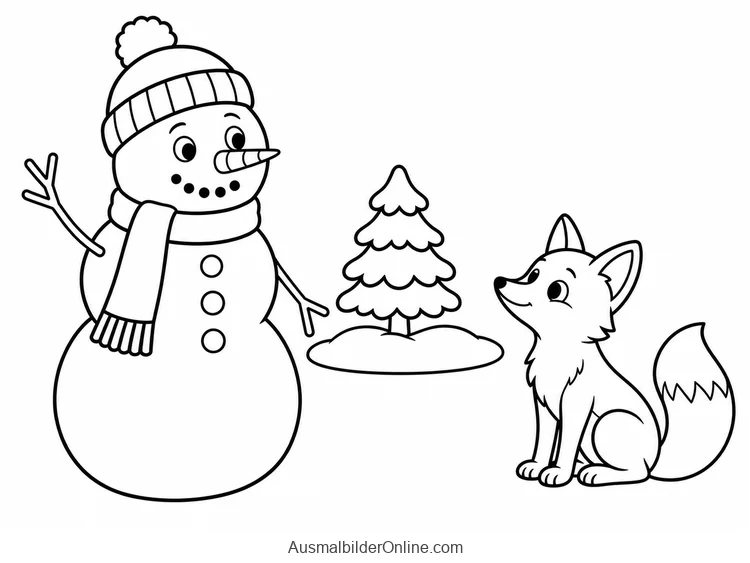 Schneemann begegnet einem kleinen sitzenden Fuchs neben einer Tanne