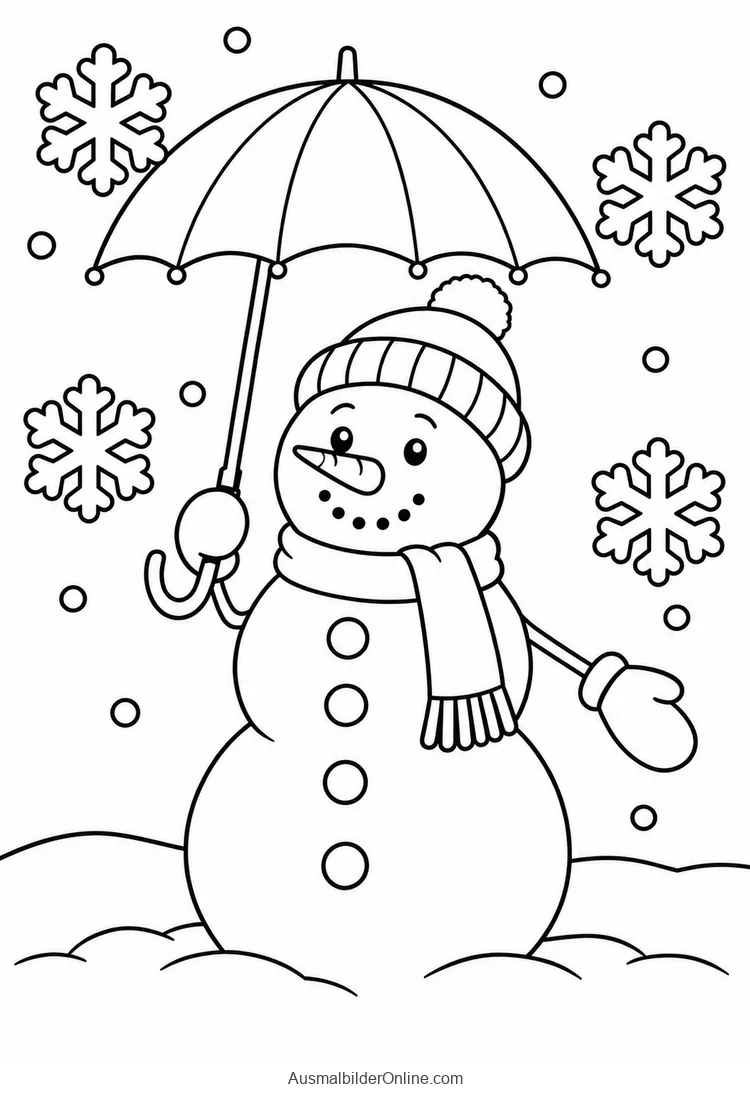 Schneemann hält einen geöffneten Regenschirm über sich zwischen Schneeflocken