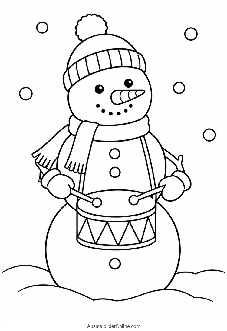 Schneemann spielt eine kleine Trommel mit zwei Trommelstöcken