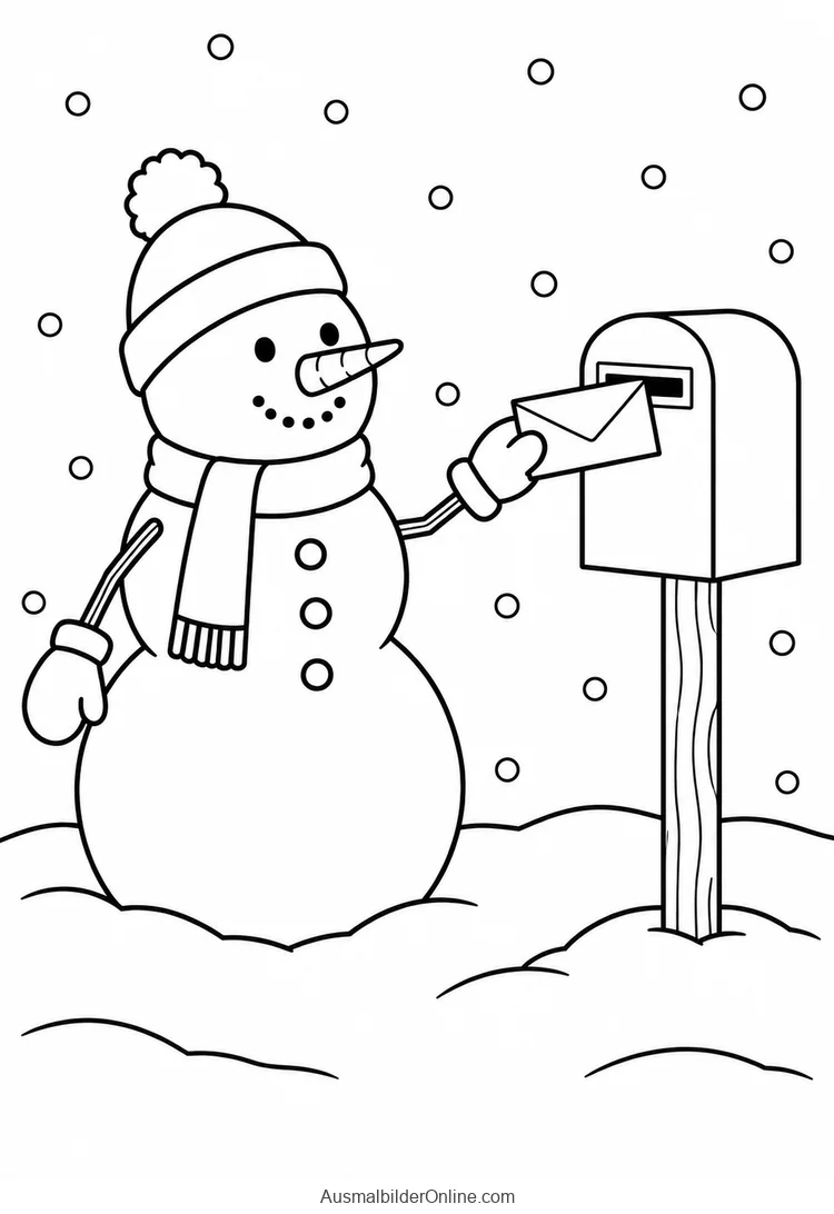 Schneemann steckt einen leeren Briefumschlag in einen Briefkasten auf einem Holzpfosten