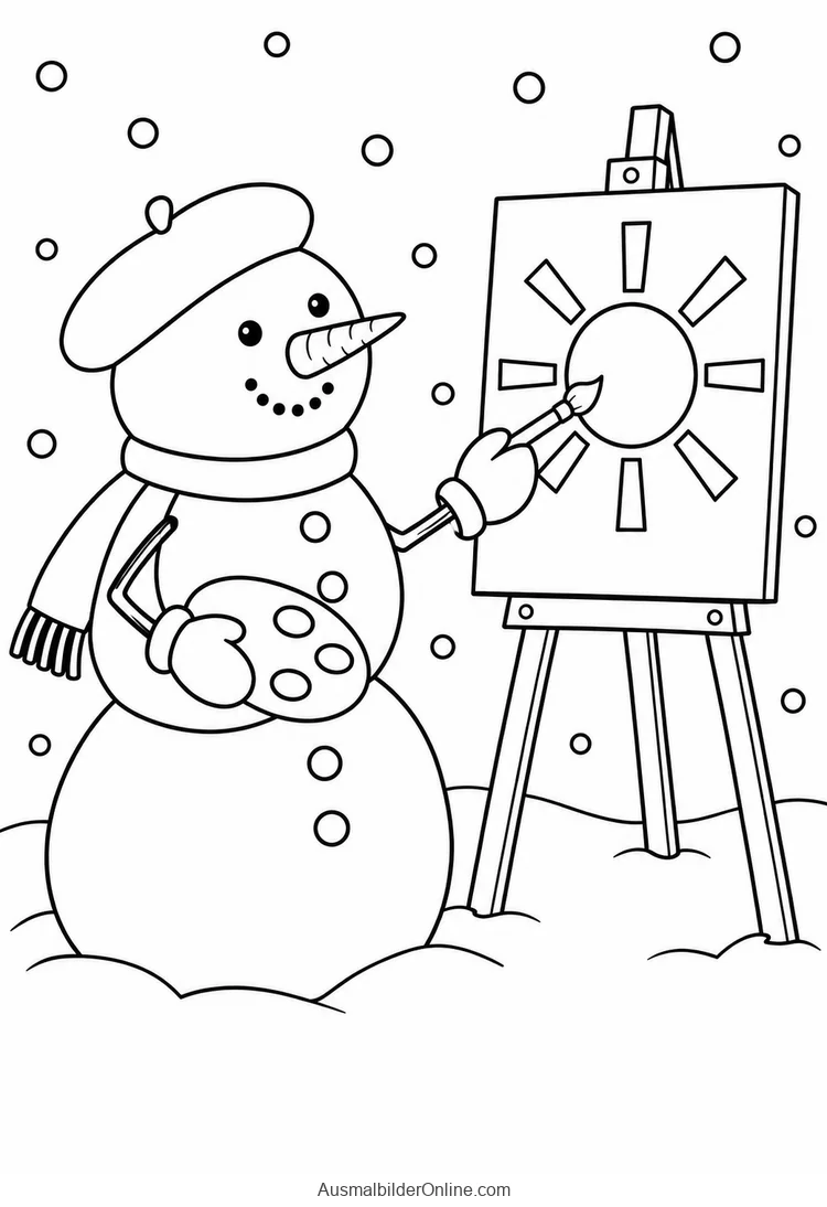 Schneemann malt mit einem Pinsel eine Sonne auf eine Staffelei und hält eine Palette