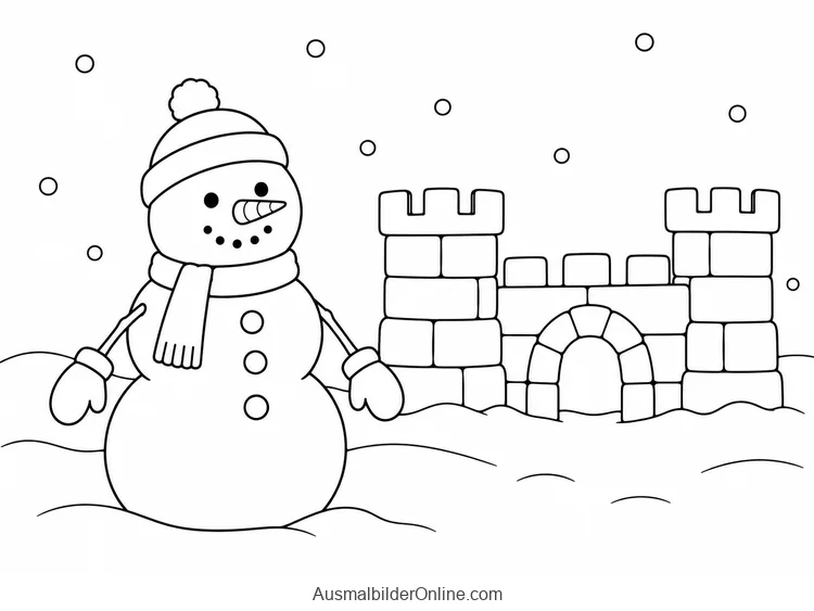 Schneemann steht vor einer Burg aus Schneeblöcken mit zwei Türmen und Rundbogen