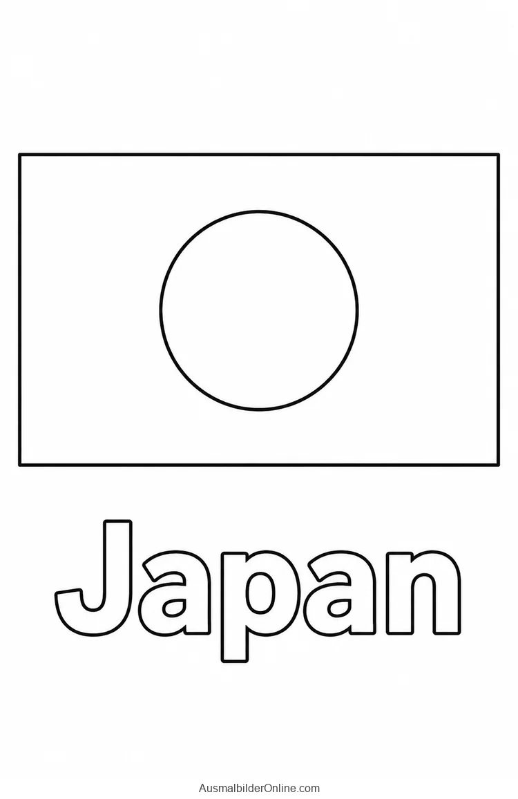 Eine rechteckige Flagge mit mittigem Kreis steht über dem Ländernamen Japan