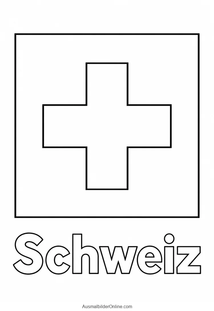 Eine quadratische Flagge mit freistehendem Kreuz steht über dem Ländernamen Schweiz