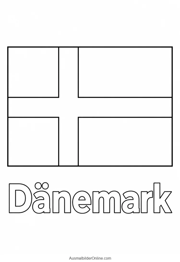 Ausmalvorlage der Flagge Dänemarks mit versetztem Kreuz und Ländername Dänemark