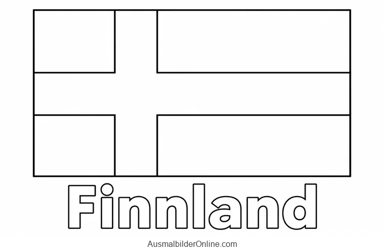 Ausmalvorlage der Flagge Finnlands mit versetztem Kreuz und Ländername Finnland