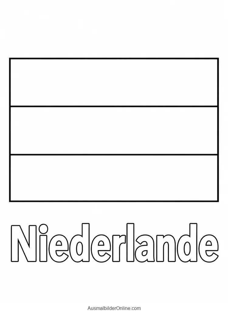Ausmalvorlage der Flagge der Niederlande mit drei waagerechten Streifen und Ländername Niederlande