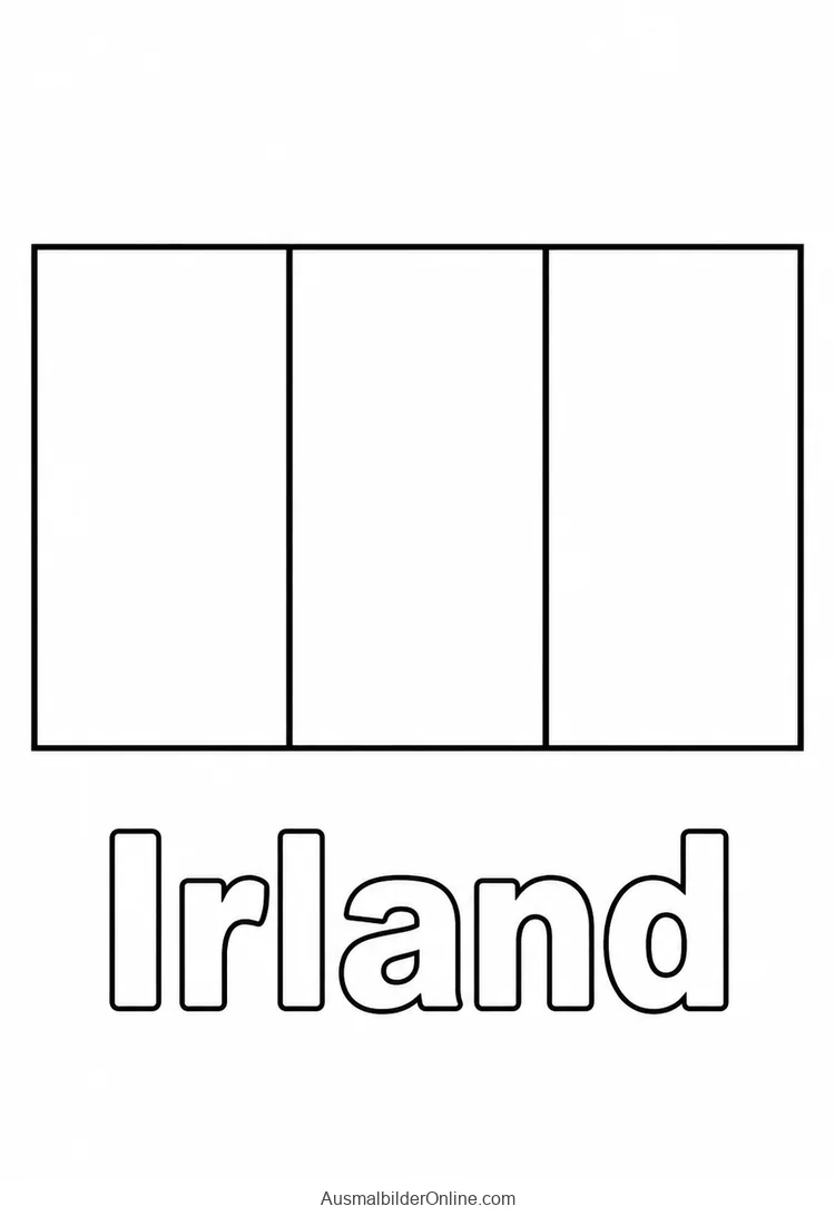 Ausmalvorlage der Flagge Irlands mit drei senkrechten Streifen und Ländername Irland