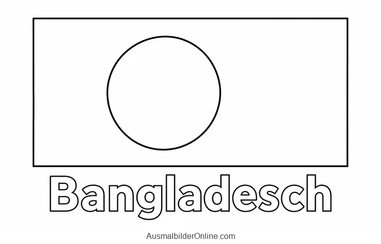 Ausmalvorlage der Flagge Bangladeschs mit einem leicht nach links versetzten Kreis und Ländername Bangladesch