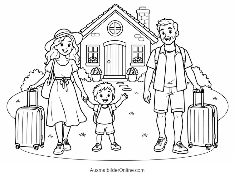 Familie mit zwei Erwachsenen und einem Kind kommt mit zwei Koffern an einer Ferienhütte an