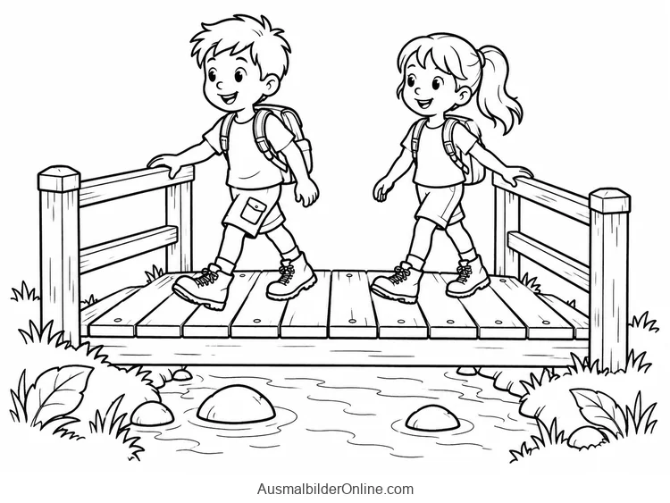 Zwei Kinder mit Rucksäcken überqueren eine kleine Holzbrücke mit vier Pfosten