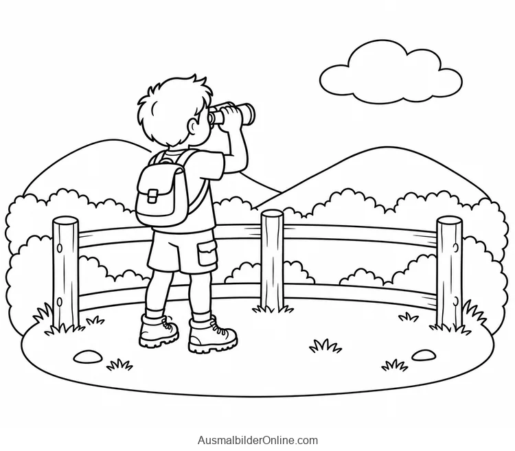 Kind mit Rucksack blickt mit einem Fernglas von einem Aussichtspunkt über zwei Hügel