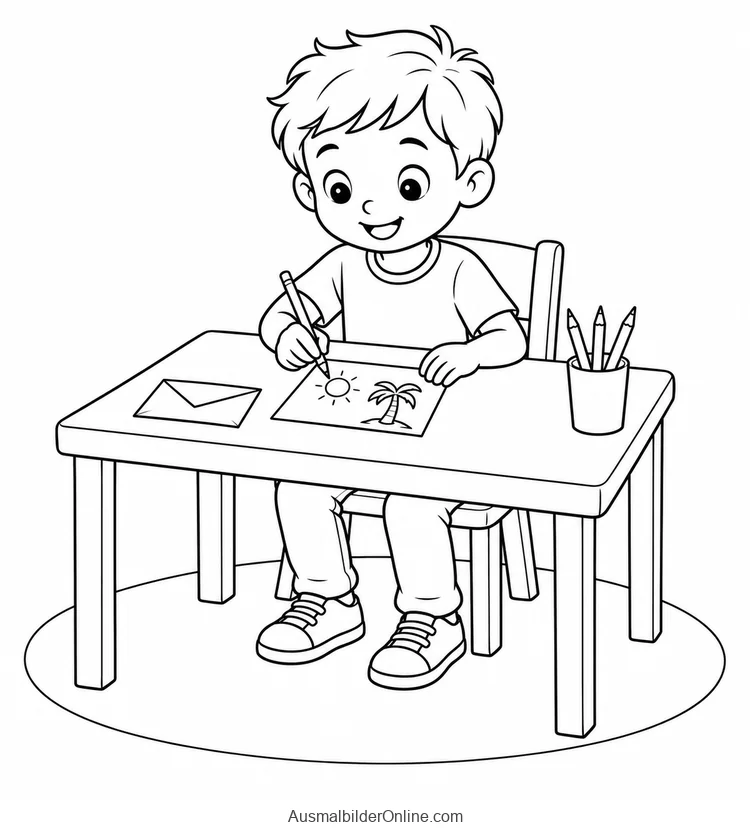 Kind zeichnet Sonne und Palme auf eine Postkarte an einem kleinen Tisch