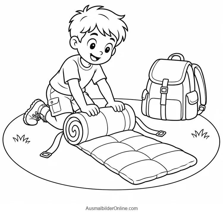 Kind rollt einen Schlafsack neben einem Campingrucksack zusammen