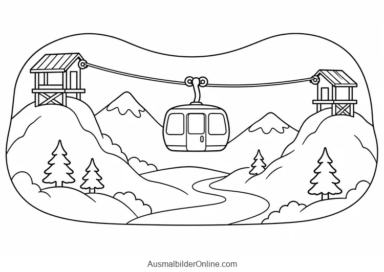Seilbahnkabine hängt an einem Seil zwischen zwei Bergstationen über einer Berglandschaft