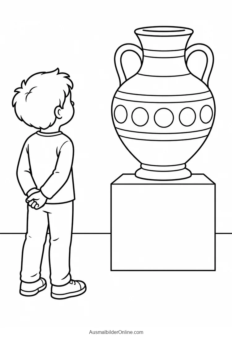 Kind betrachtet von hinten eine große Vase mit zwei Henkeln auf einem Sockel im Museum