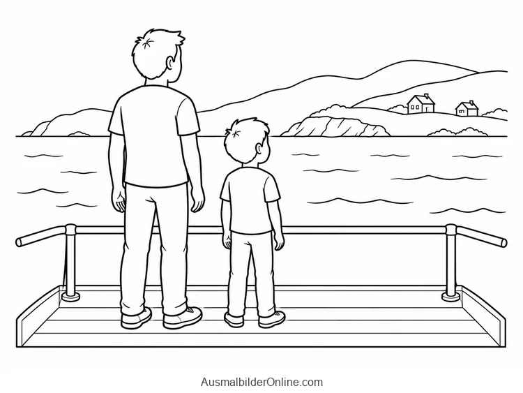 Elternteil und Kind schauen von einem Fährdeck mit Geländer auf eine Küste