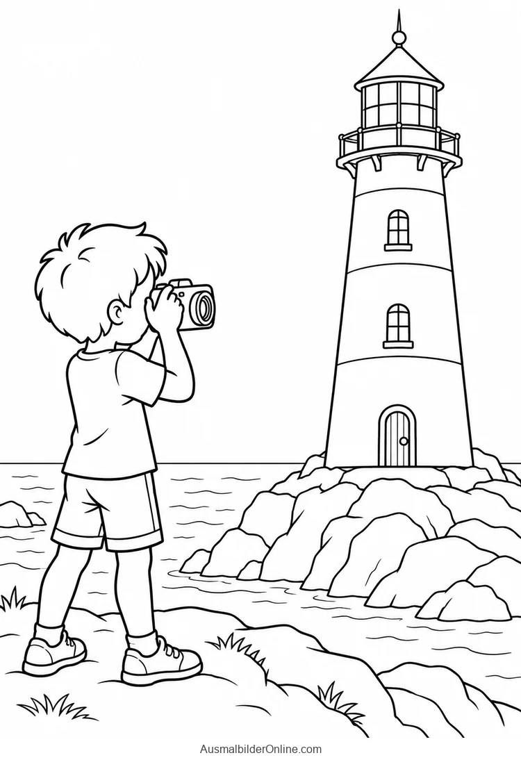 Kind fotografiert einen vollständigen Leuchtturm mit einer Kamera am Ufer
