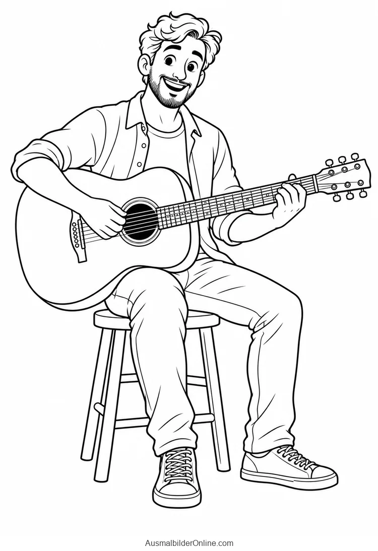 Bärtiger Gitarrist auf einem Hocker mit akustischer Gitarre