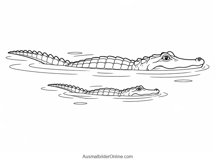 Ein großes und ein kleines Krokodil schwimmen gemeinsam mit Kopf und Rücken über Wasser