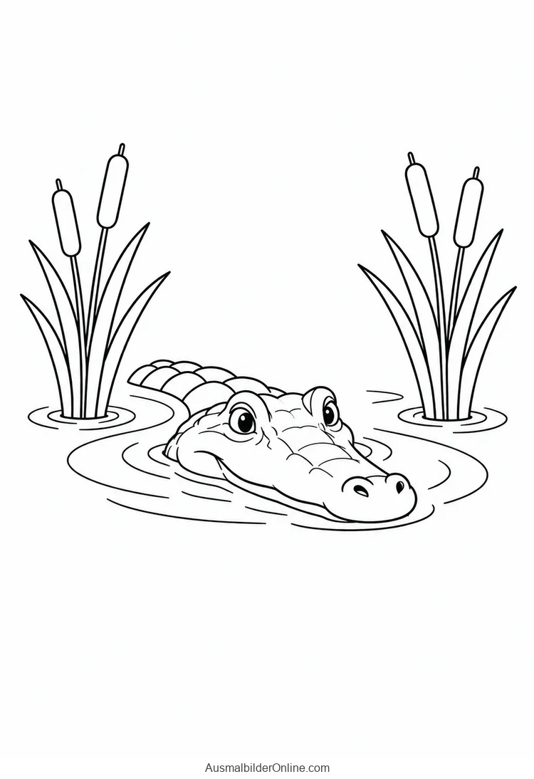 Krokodilkopf und Rücken ragen zwischen zwei Rohrkolbengruppen aus dem Wasser